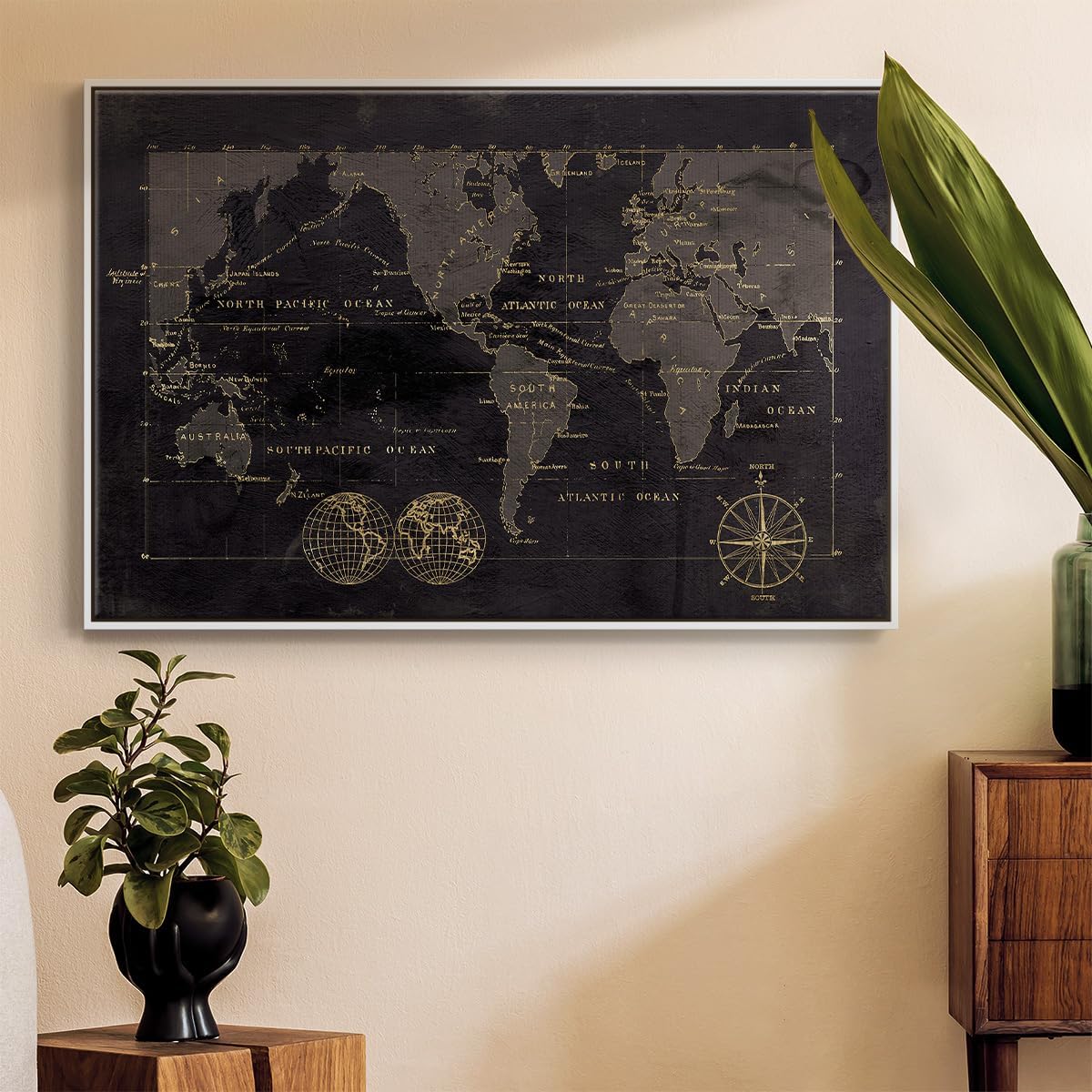 Renditions Gallery Office Wall Art Paintings Large Vintage Black Gold Map of World Travel Artwork Wall Hangings for Office Bedroom Kitchen - 25"X37" White Frame GAL001 image 5