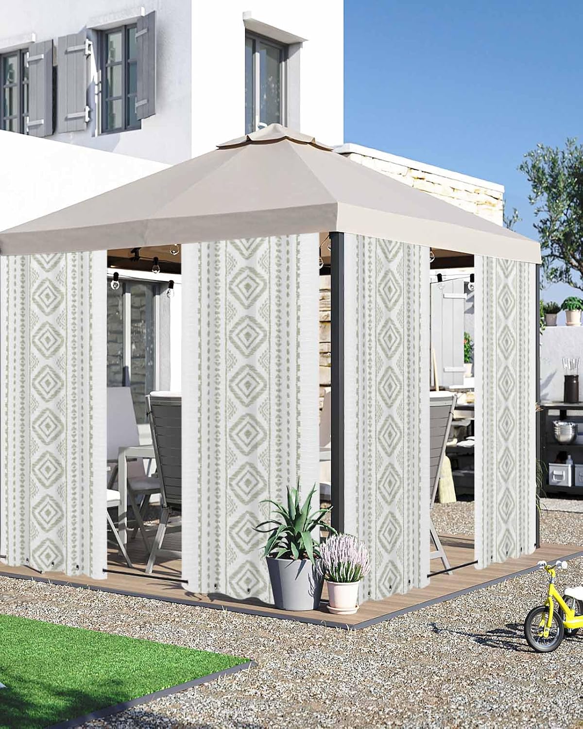 Sage Green Bohemian Outdoor Curtains for Patio Waterproof with Tiebacks,Outside Drape Gazebo Pergola Porch Cabana Privacy Sun Shade Indoor Drapery 2 Panels 108x84 Ethnic Embroidery Abstract Geometric