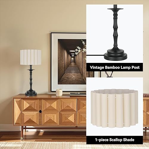 Miniatura 6 de Lámpara de mesa festoneada negra vintage, lámpara plisada rústica/granja, pantalla festoneada y poste de lámpara de bambú, para sala de estar mesita