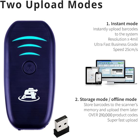 ScanAvenger Portable Mini-Wireless Bluetooth Barcode Scanner: Hand Scanners - Cordless, Rechargeable 1D Scan Gun for Inventory Management Wireless, Handheld USB (1D Only Mini Barcode Reader)