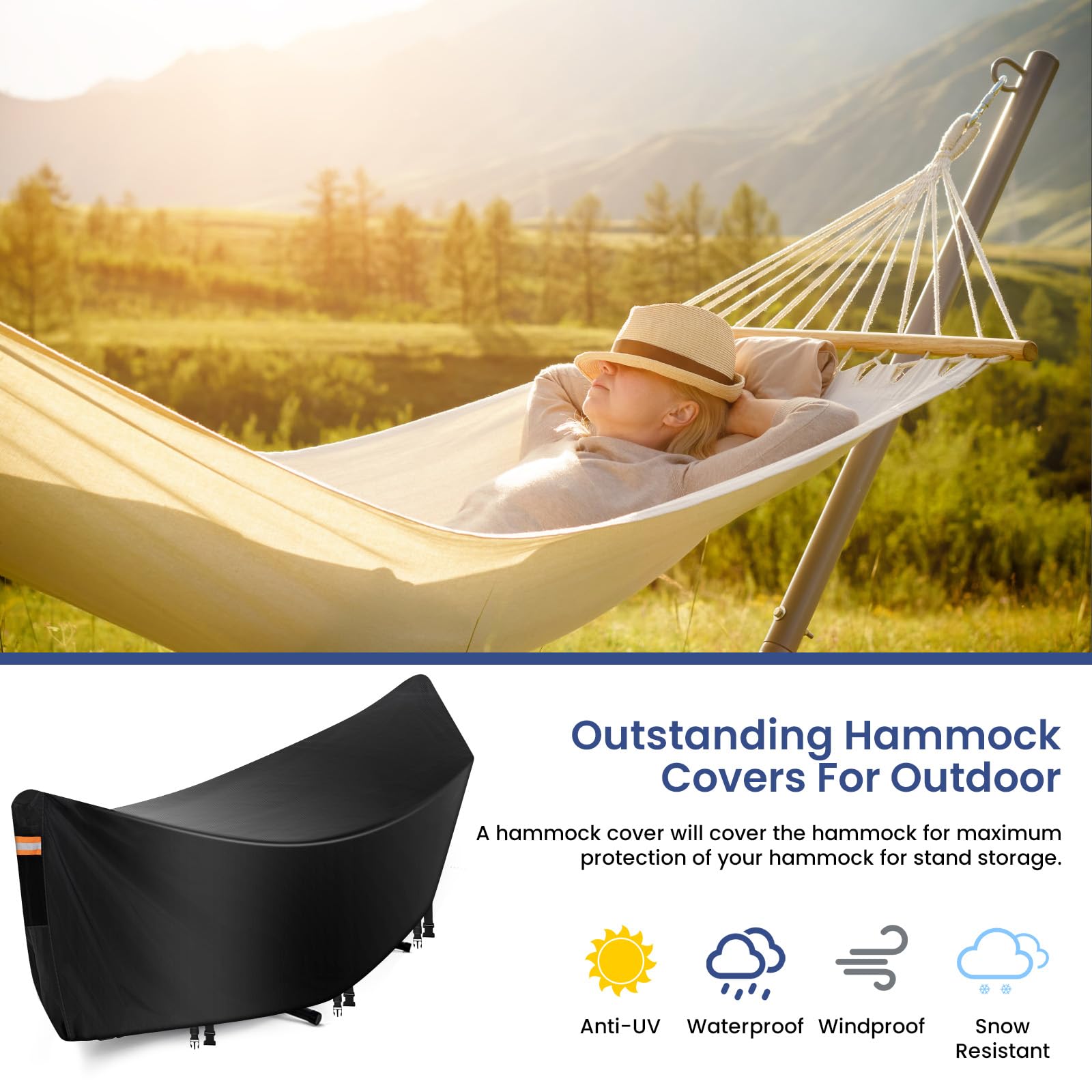 Funda para hamaca, impermeable, resistente al agua, resistente al viento, funda universal para hamacas exteriores, transpirable con ventilación, tira impermeable, 3 hebillas a prueba de viento, funda