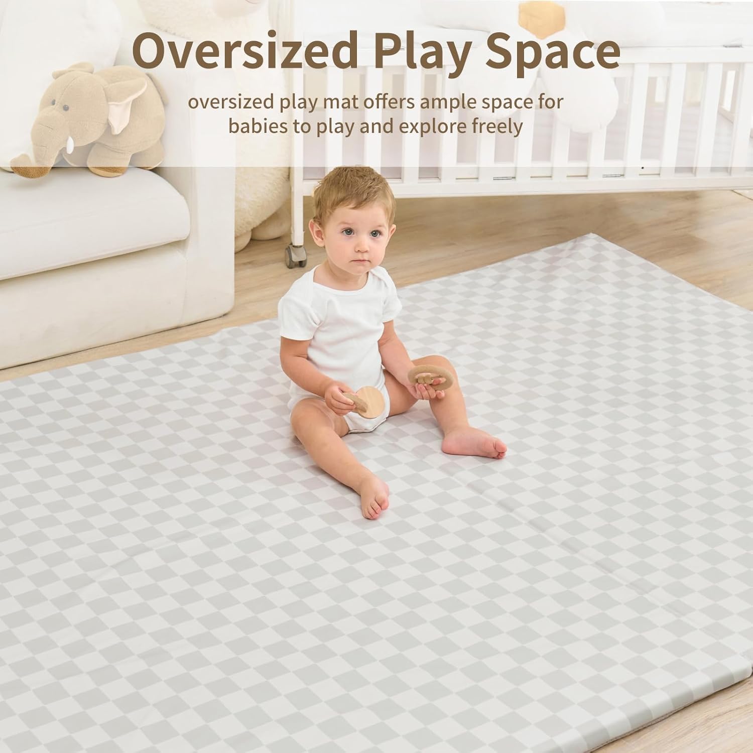 Large Vegan Leather Baby Play Mat for Floor,1.3"Thick Foam 59x82 Foldable Waterproof Kids Play Mat,Stylish and Just Wipe-Clean Playmat for Baby Play on Floor (Grey Checker) - Image 5