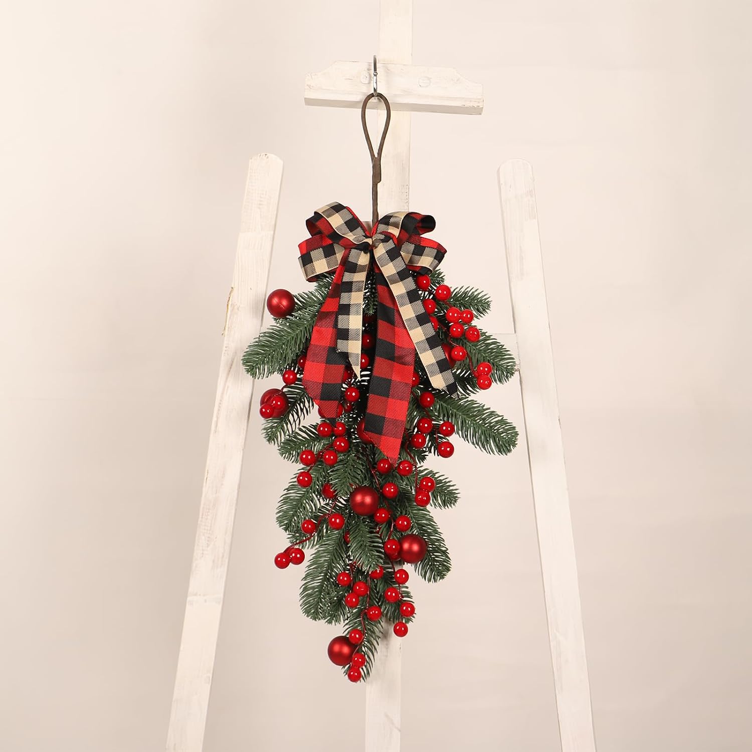 CITYES Christmas Swag Artificial Teardrop Swag Wreaths with Pine Cone Red Berry Christmas Ball Artificial Christmas Pine Branch Teardrop Door Swag Decoration for Xmas Front Door Outdoor Indoor Wall