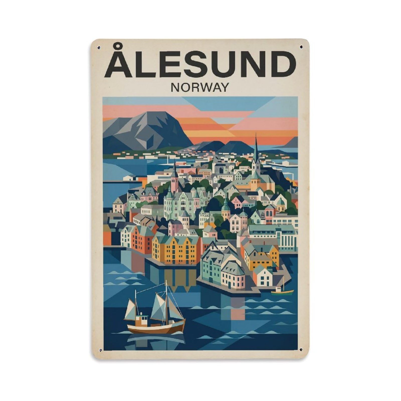 Vintage Travel Norway Alesund Metal Tin Sign Plaque Wall Decor for Cafe, Club Bar, Office, Garden Metal Poster 8x12Inch