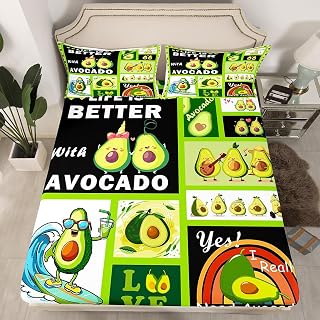 Avocado Fitted Sheet Twin Size,Green Cartoon Fruits Bedding Set 2Pcs,Funny Surf and Music Avocado Bed Sheets for Kids Girls Boys Teens Room Decor,Patchwork Plaid Deep Pocket Sheet,1 Pillowcase