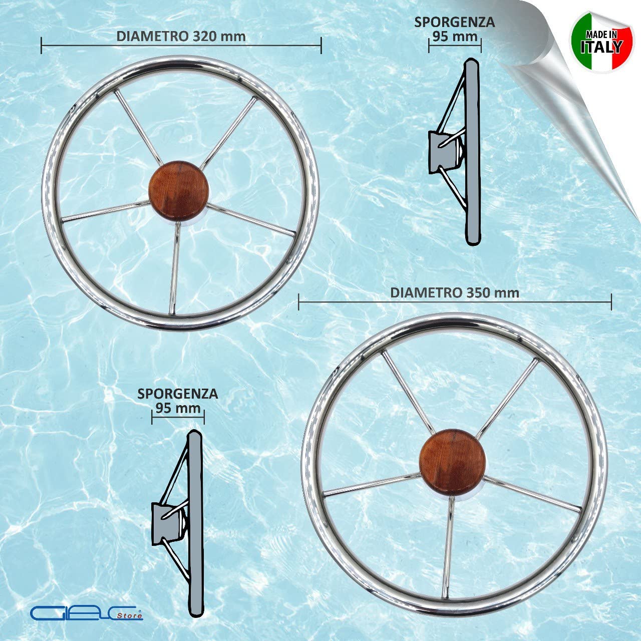 Volante Timone Nautico per Barca a 5 razze Inclinate Mozzo in Acciaio Inox Lucidato Diametro 32, 35, 40, 45 cm coperchio in Legno (Diametro 35 Cm)