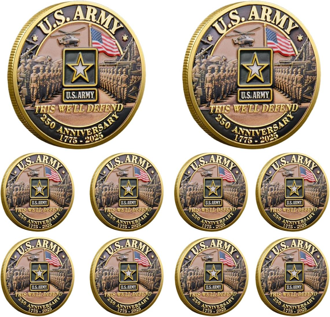 U.S. Army 250th Anniversary Challenge Coin Gold Plated 1775-2025 This Well Defend Collectible Coins (12 PCS Army Coin)