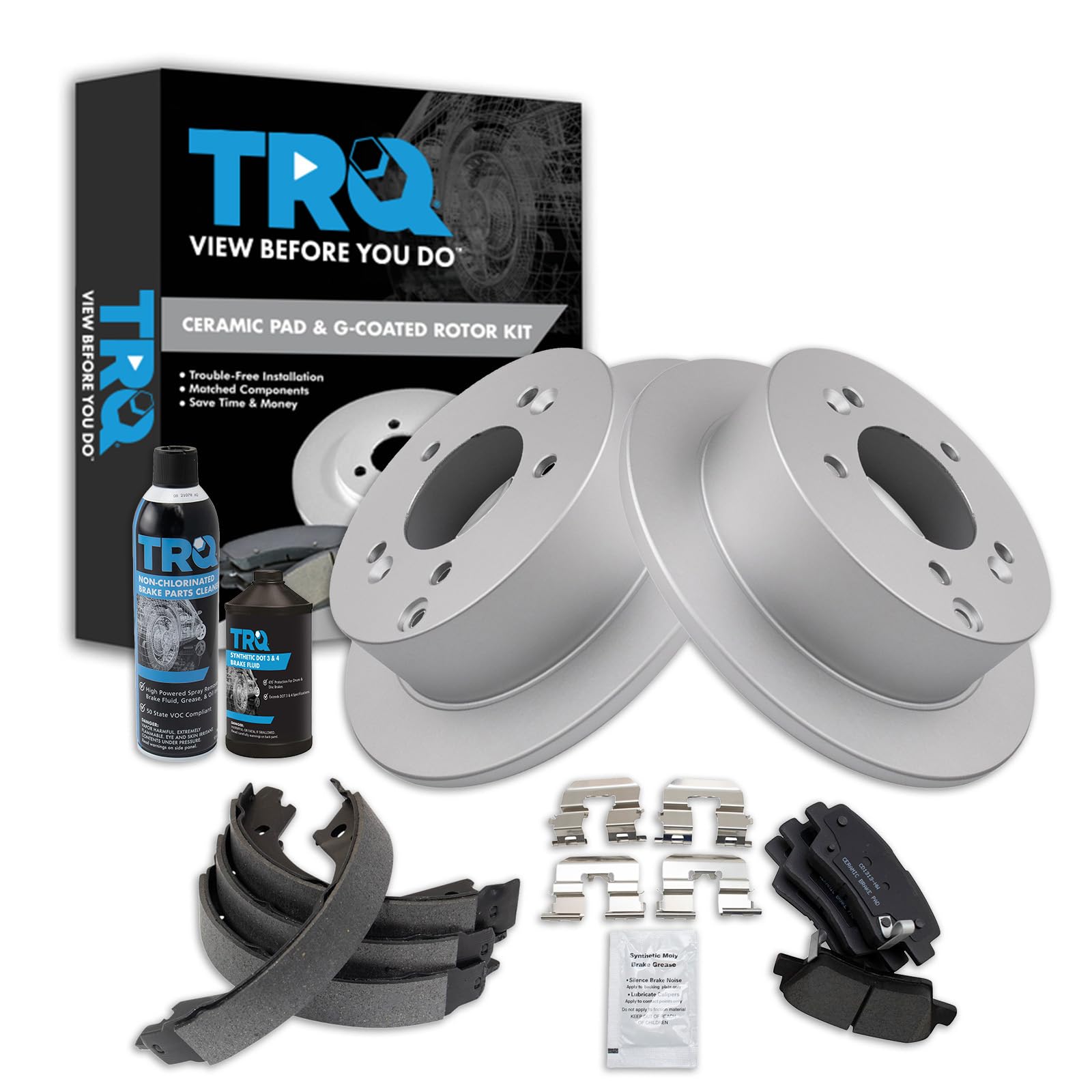 TRQ Rear Brake Pad &amp; Rotor Kit, with Chemical Kit Parking Brake Shoe Set Ceramic Premium G-Coated Compatible with 2009-2010 Hyundai Sonata
