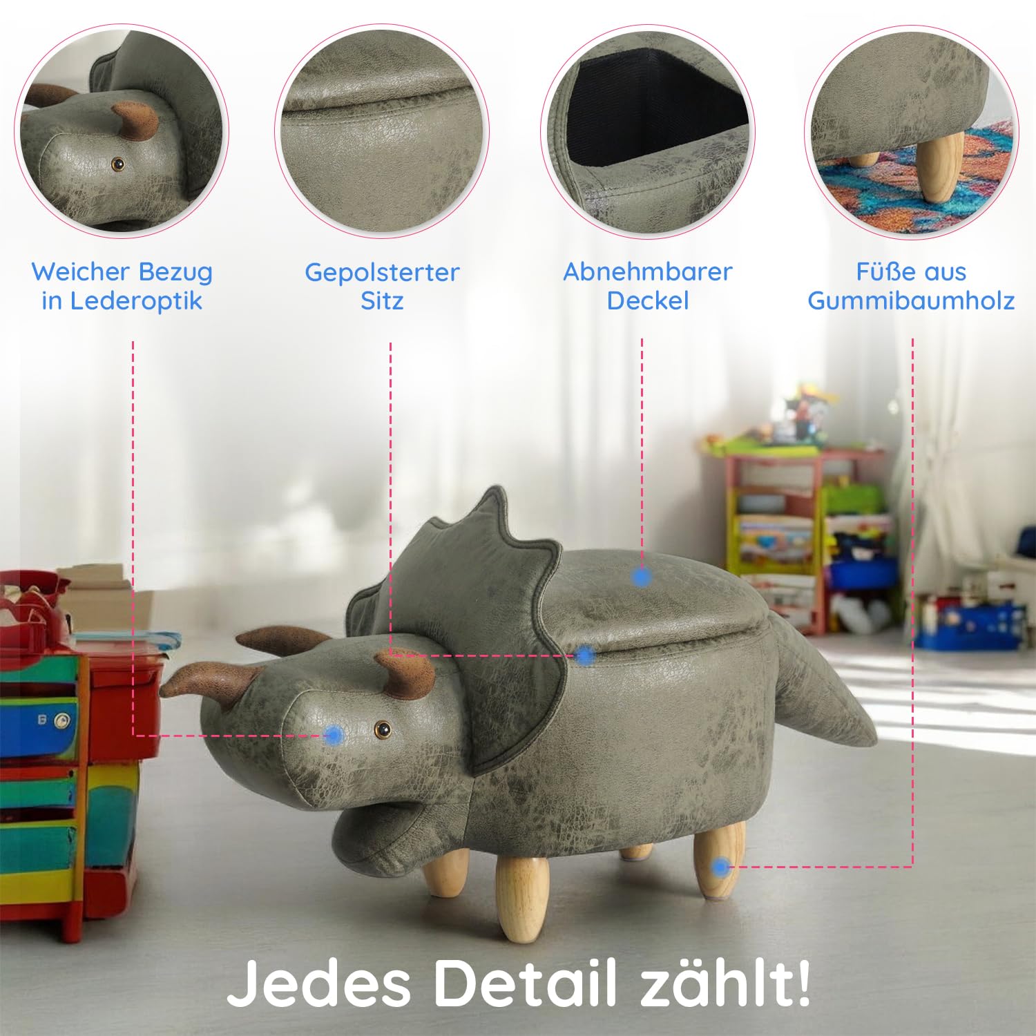 Suleno Dino Tierhocker mit Stauraum, Niedlicher Organizer & Sitzbox, 50 cm | für Kinder, weicher Bezug in Lederoptik, Holzbeine, dekorative Möbel für Kinderzimmer 93x 33 x