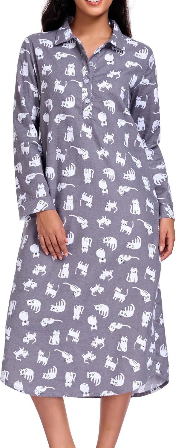 Viakeo Chemise de nuit en flanelle de coton pour femme, Chat gris ...