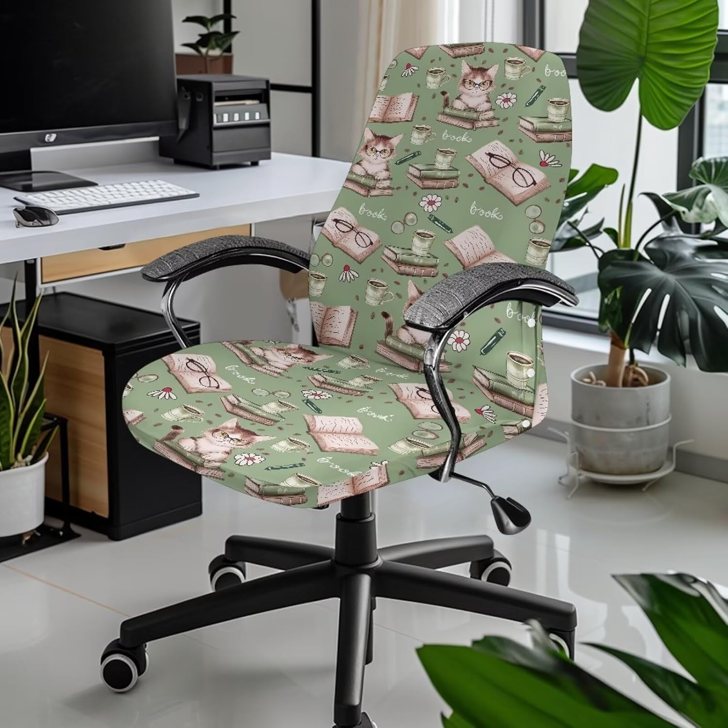 Wanyint Cat Glasses Book Flower Green Office Chair Cover Spandex Computer Desk Chair Cover Anti-Slip Decorative High Back Chair Slipcover with Elastic Bottom Home Office Decor, L