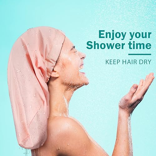 Miniatura 5 de Gorro de ducha grande para mujer, gorro de ducha ajustable, gorro de ducha rosa, impermeable, para mujeres de cabello largo (grande, rosa)