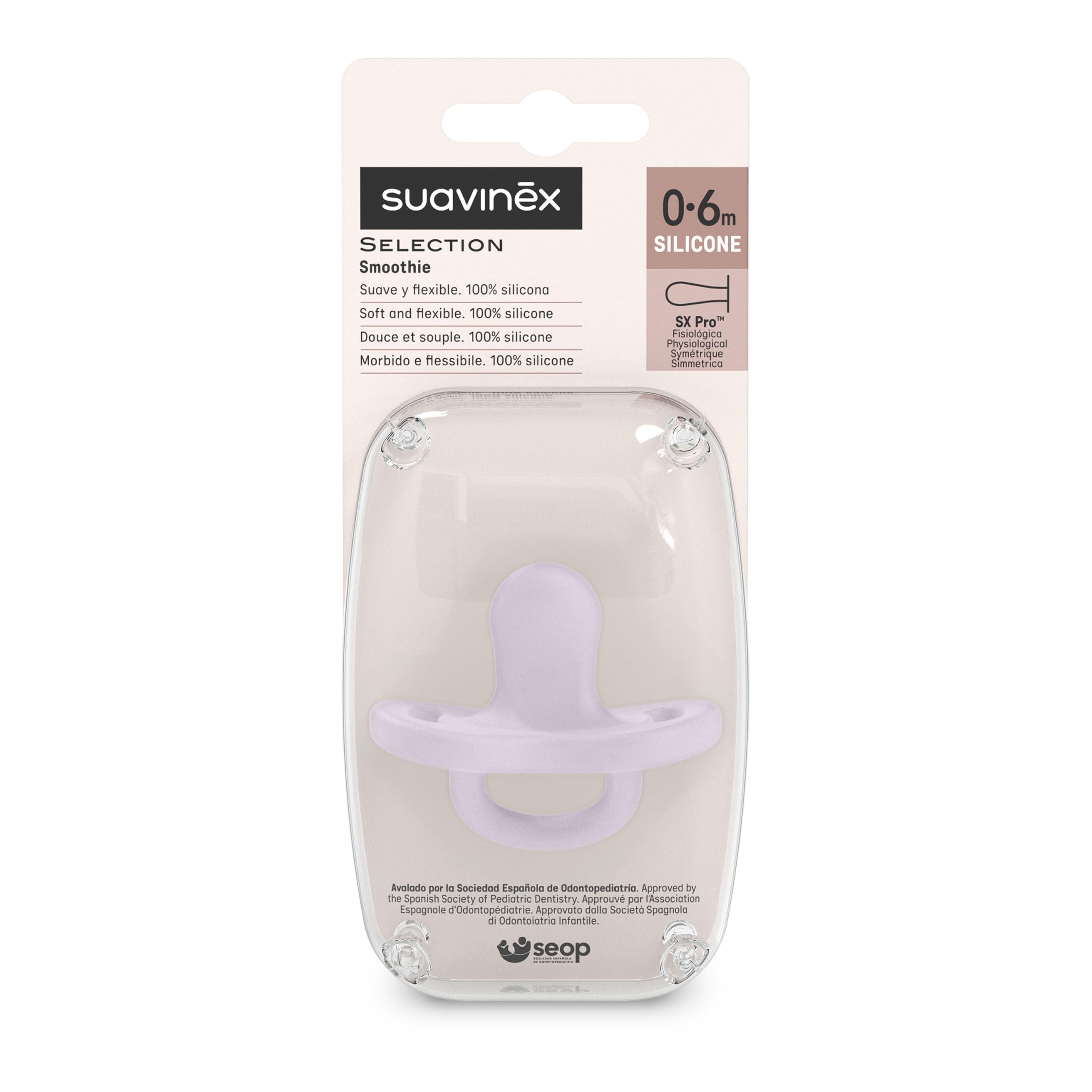 Suavinex, Silikonowy smoczek, w wieku 0/6 miesięcy, smoczek z symetrycznym sutkiem, super miękki i elastyczny, idealny do spania, Color Essence, Lavender | SX Pro symetryczny smoczek, super miękki i elastyczny, idealny do spania