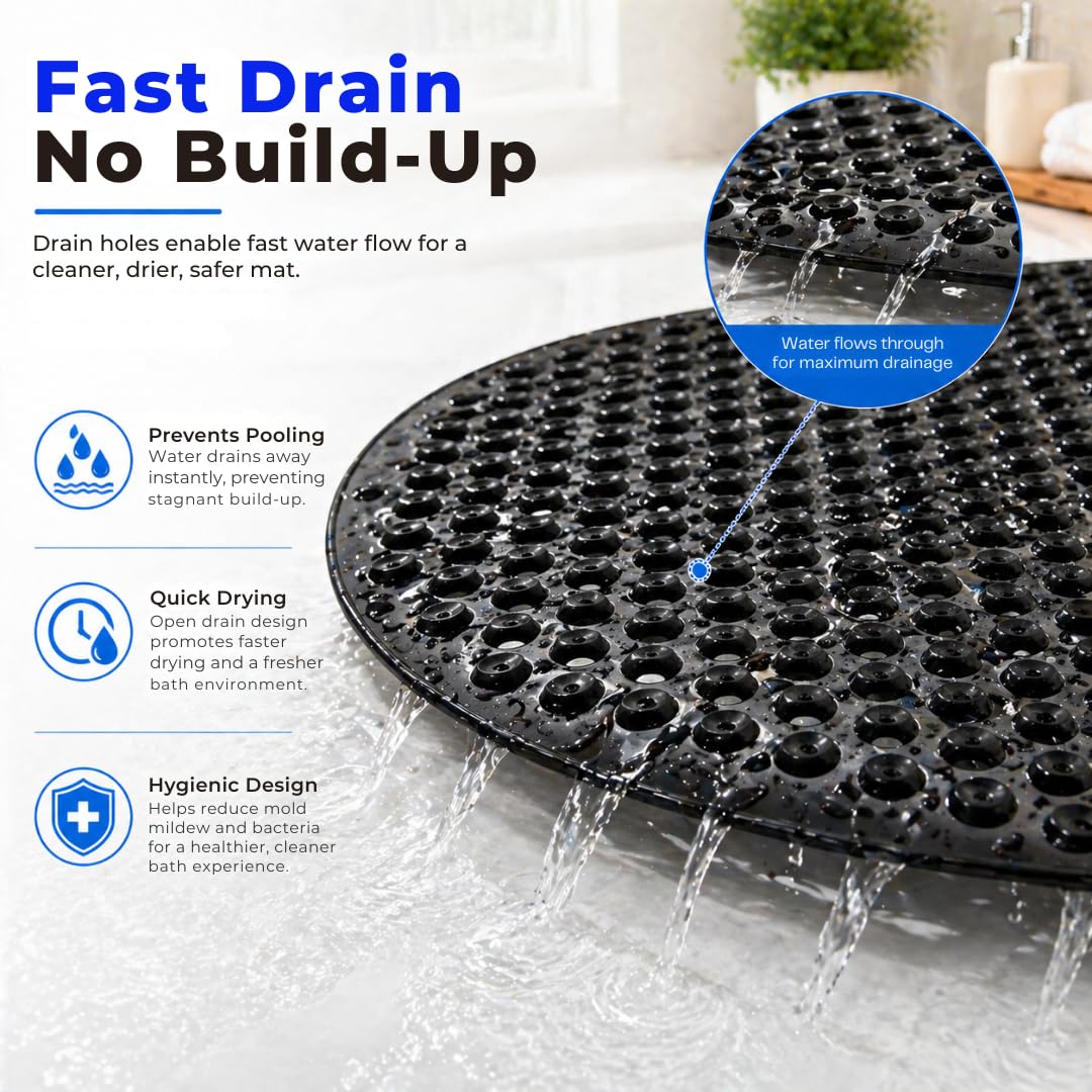 Bath Bliss Jumbo Oval Bath Mat 18x36 Black Color | Non-Slip Aqua Gel Bathtub Mat with Suction Cups | Anti-Slip Shower Safety Mat with Drain Holes