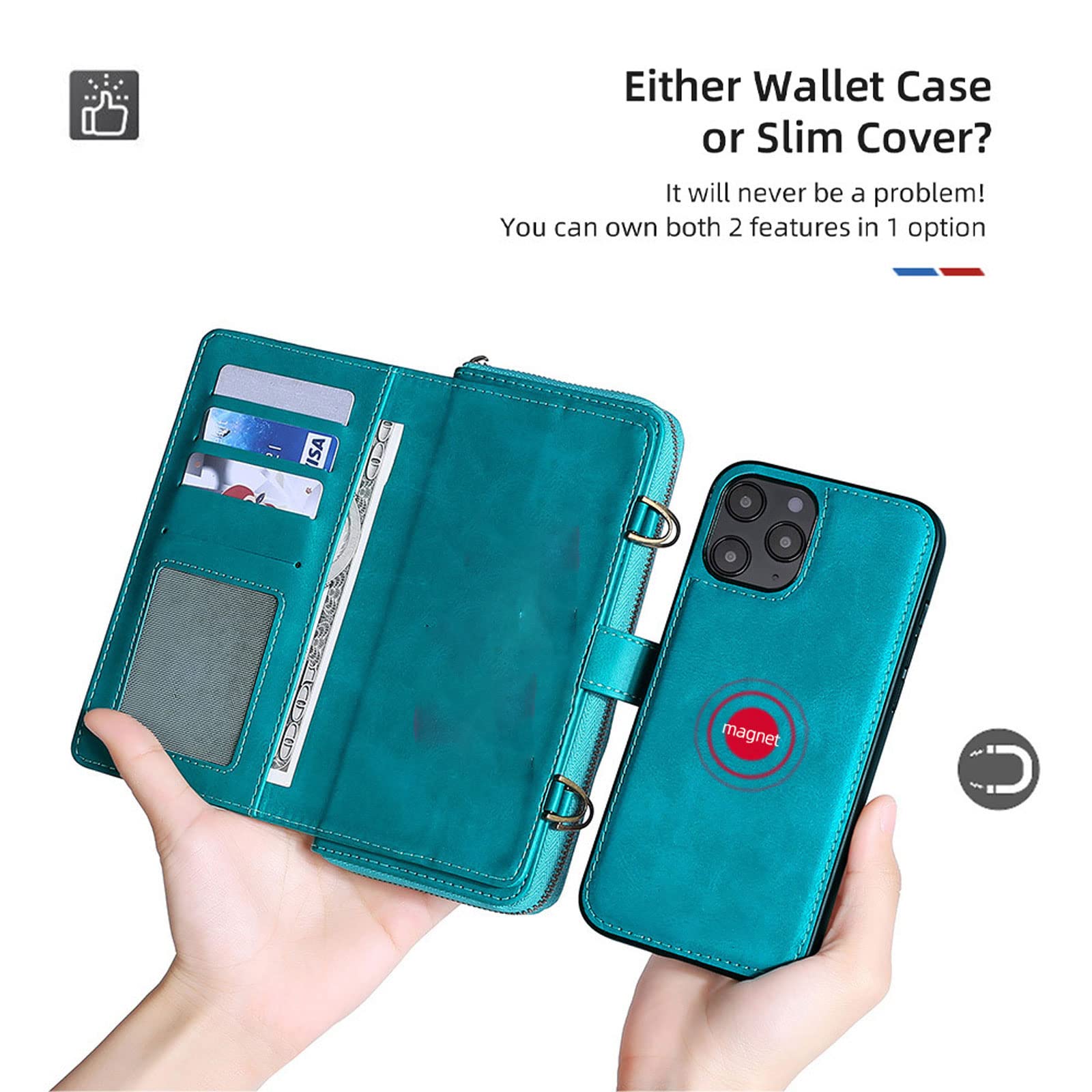 Etui do iPhone 14 / 14 Pro / 14 Plus / 14 Pro Max, z klapką, zamek błyskawiczny, etui na telefon komórkowy, przegródka na karty, magnetyczne, odporne na zarysowania, niebieskie, 35,5 cm (6,1")