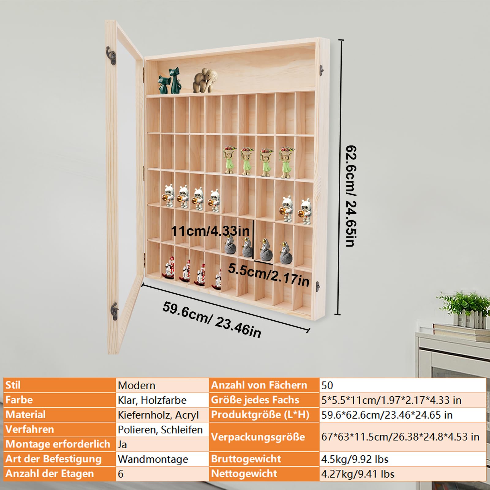 Vetrina da collezione, in legno, vetrina da parete, mensola da appendere, 50 scomparti, vetrina in vetro da appendere con disco per cameretta dei bambini