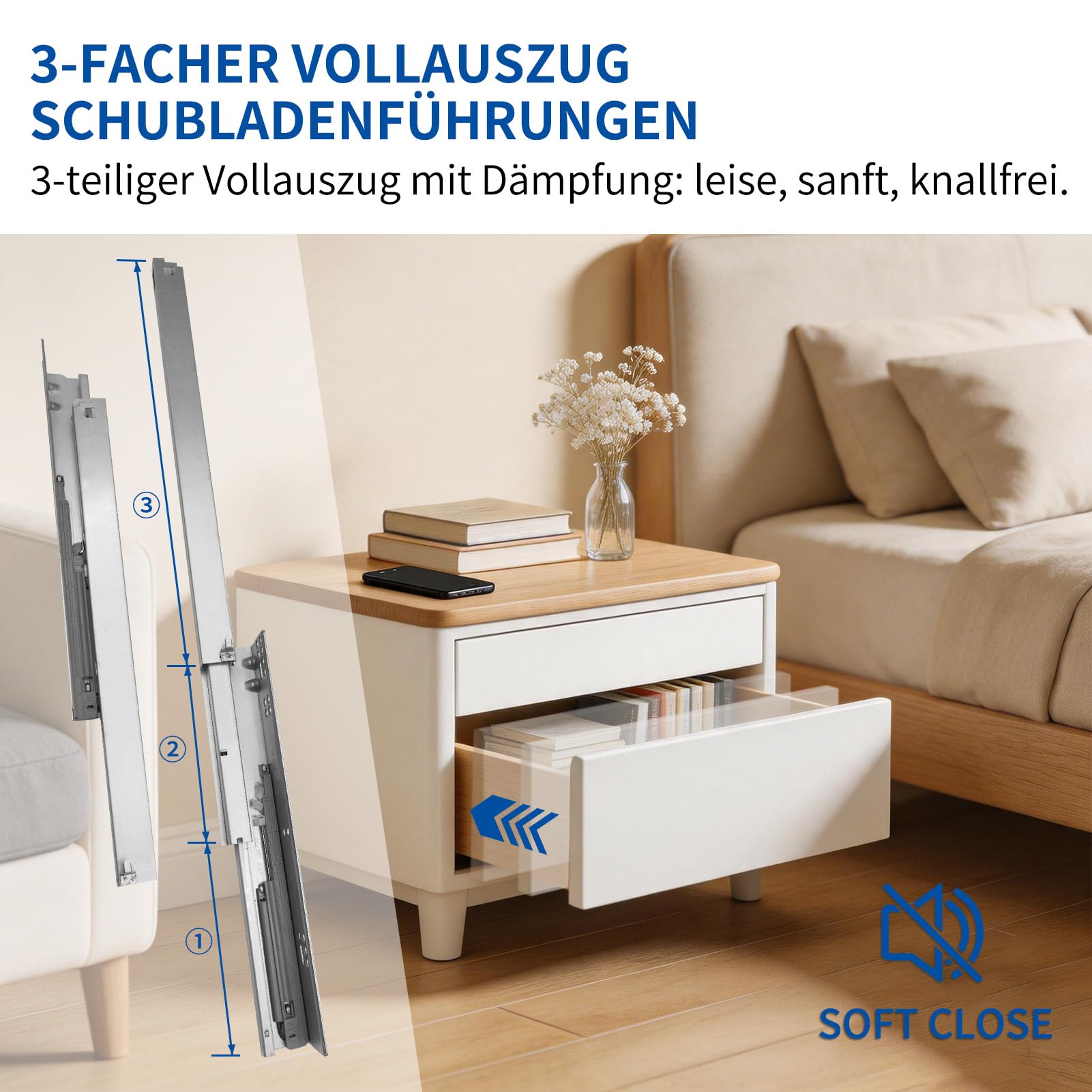 Unterflurführungen Schubladenauszüge 4 Paar, 450mm Vollauszüge Schubladenschienen mit Soft Close System, Bodenmontage Schubladenauszug mit 3D Verstellung, Teleskopschienen, Schwerlastauszug Bis 40KG