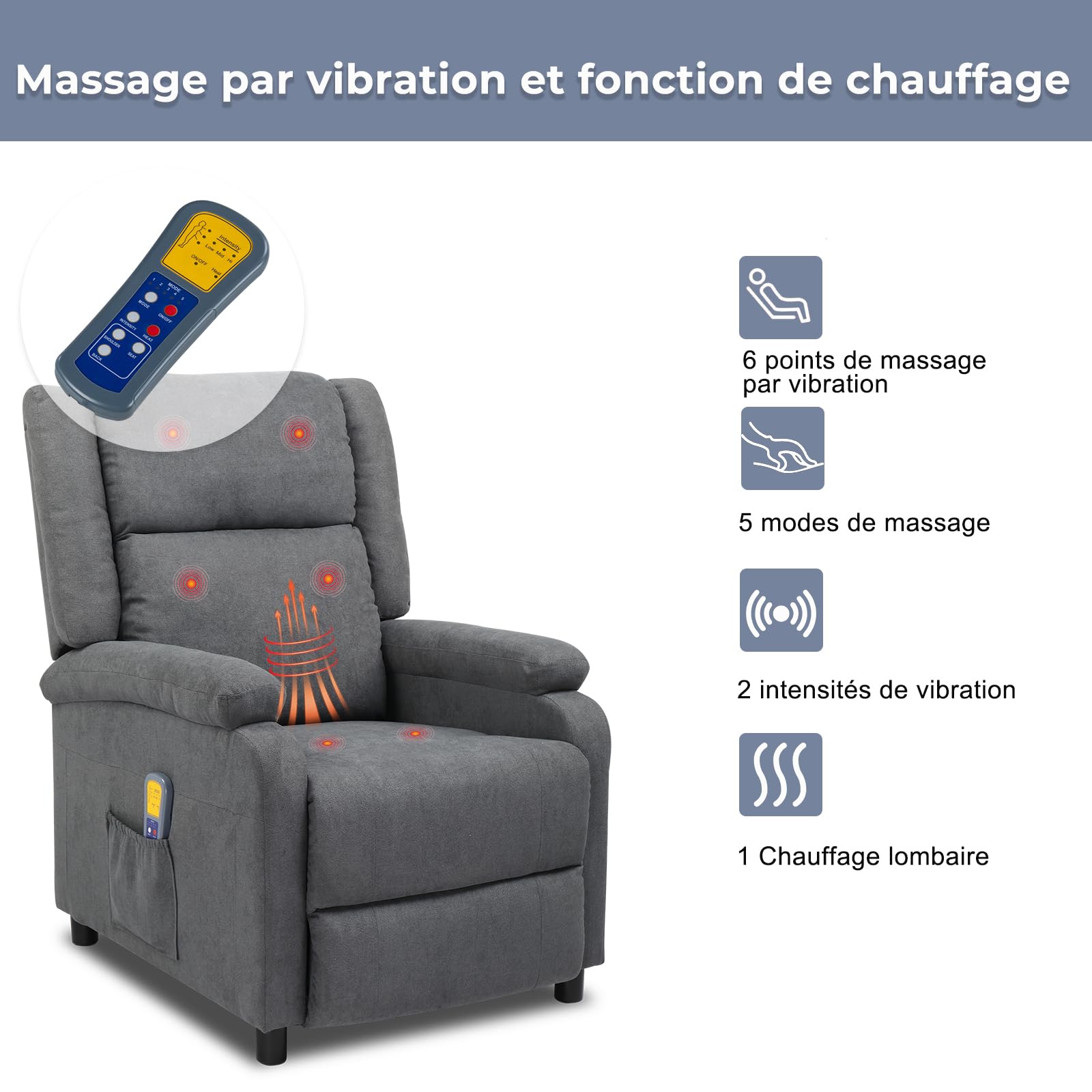 LEADZM Fauteuil Inclinable, Massage Électrique et Chauffage, Fauteuil Inclinable avec Dossier Basculant à Commande Humaine, Fauteuil TV pour Chambre à Coucher, Salon et Home Cinéma