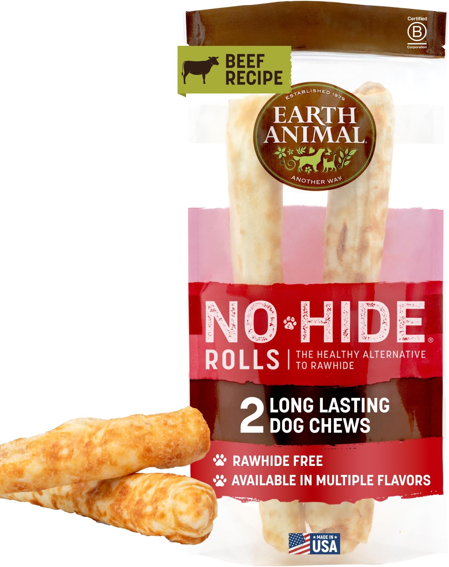 No Hide Dog Chews - Rawhide Free Large Rolls 2 Count Beef | Large Beef Flavored Natural Rawhide Free Long Lasting Dog Chews - Treats for Large Dogs and Aggressive Chewers
