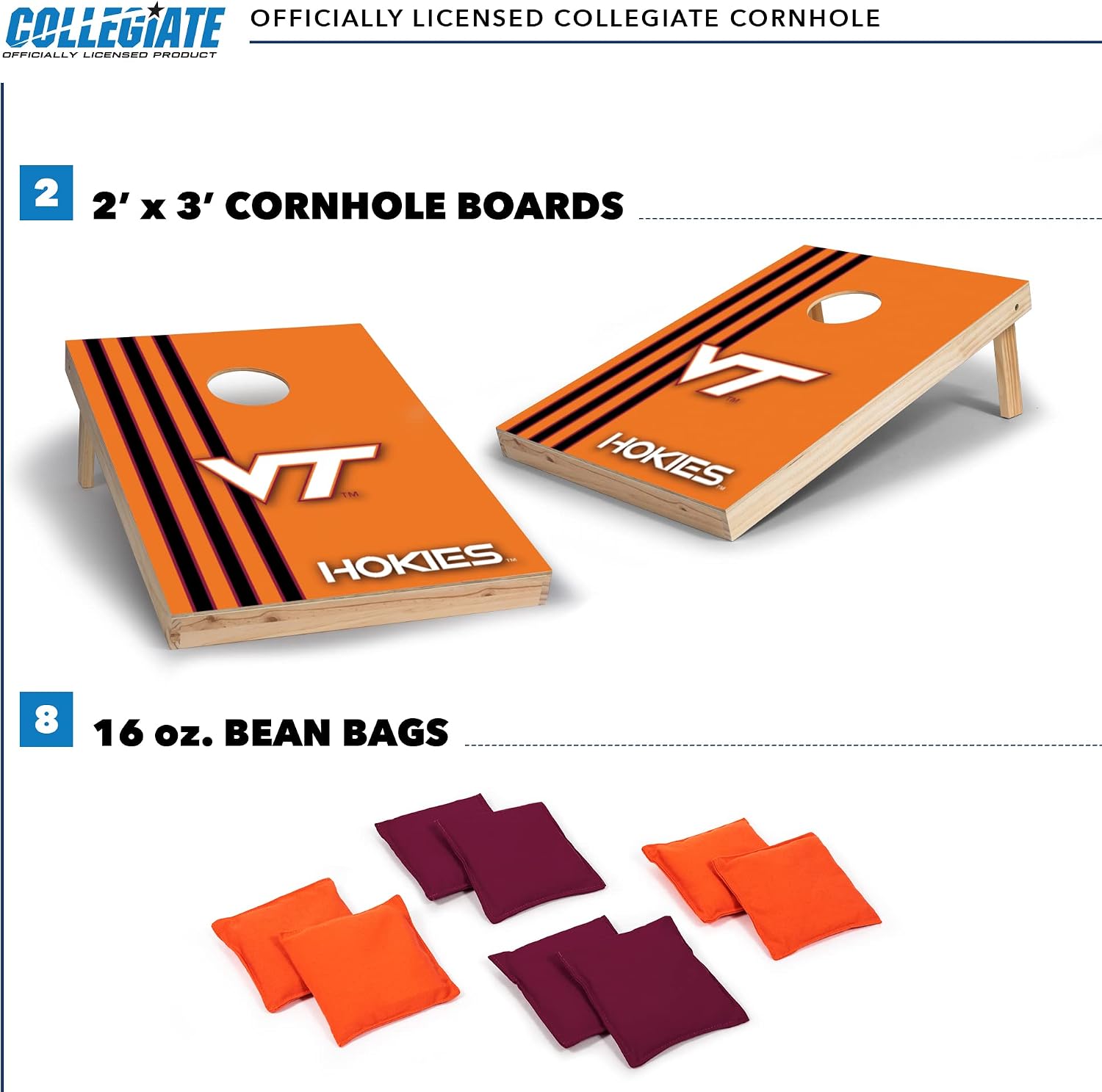 2' x 3' Solid Wood Cornhole Set with Direct Print HD Team Graphics – Great Gift for Any NCAA Fan! Bean Bag Toss Family Outdoor Games – Virginia Tech Hokies