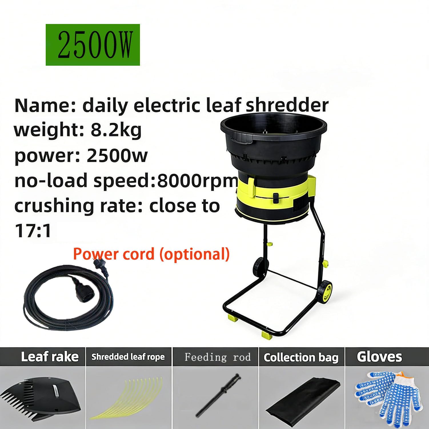 Trituradora Eléctrica De Hojas De 2500W,Trituradora De Jardín Sin Cuchillas con Ruedas Y Bolsa De Almacenamiento,Tritura Hojas Caídas,para Limpieza De Jardín NoPowerCord