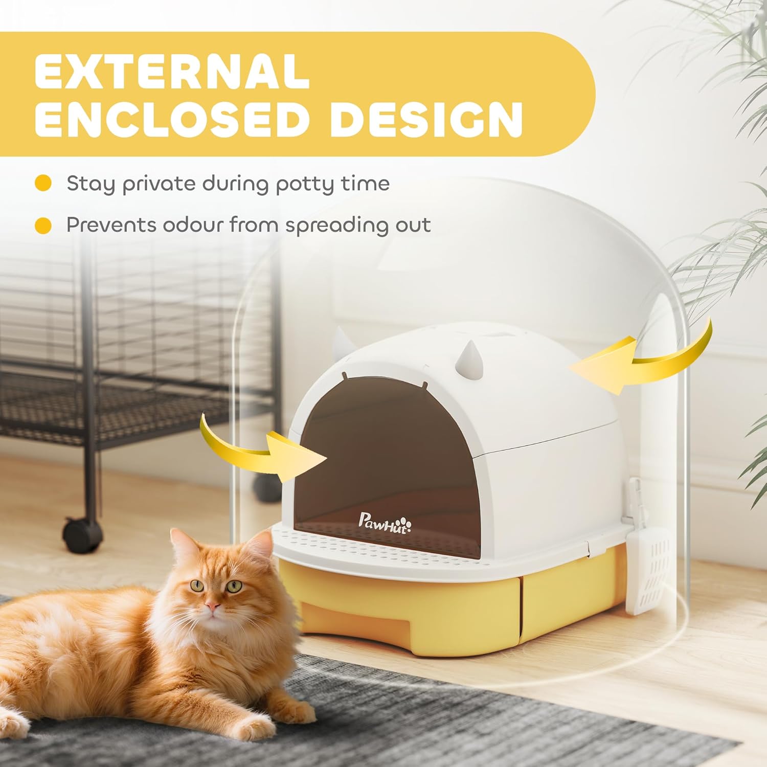 PawHut Cat Litter Box, Covered Kitty Litter Box with Lid, Scoop, Deodorizing Bags for Odor Control, Privacy, Portable, Easy to Clean, Yellow