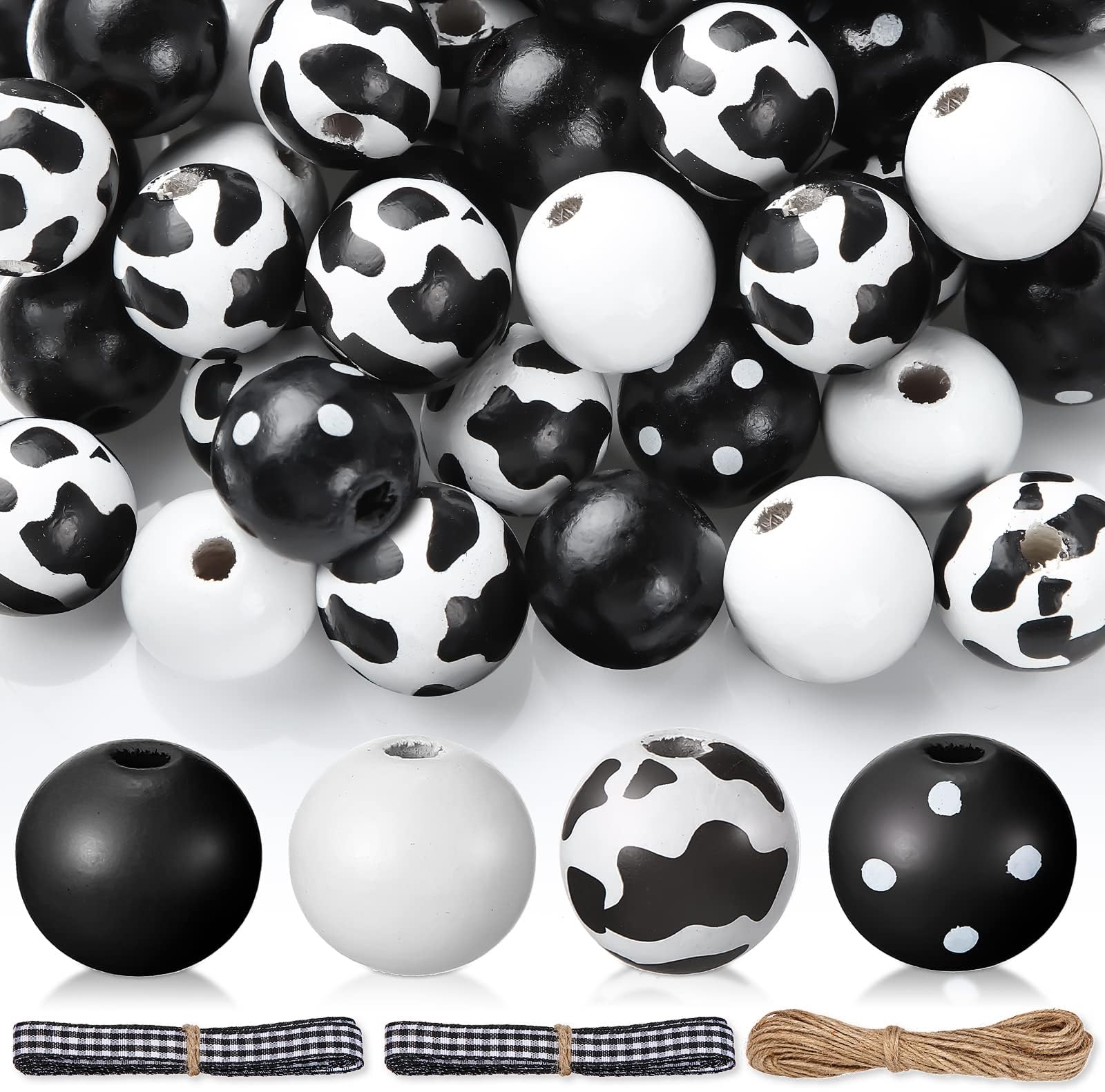 120 Pieces Cow Print Wood Beads 16mm Farmhouse Polished Spacer Craft Beads Handmade Dotted Wood Round Ball with Twine and Plaid Ribbons for Christmas DIY Garland Craft Making Supplies
