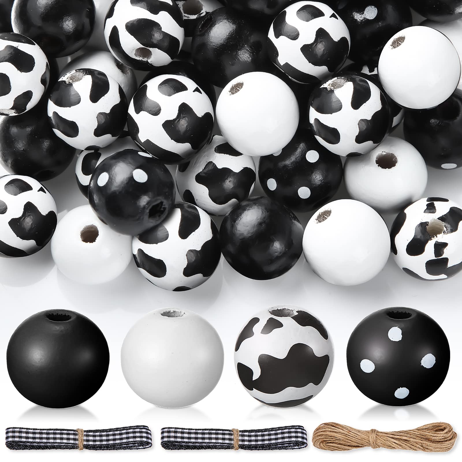 120 Pieces Cow Print Wood Beads 16mm Farmhouse Polished Spacer Craft Beads Handmade Dotted Wood Round Ball with Twine and Plaid Ribbons for Christmas DIY Garland Craft Making Supplies