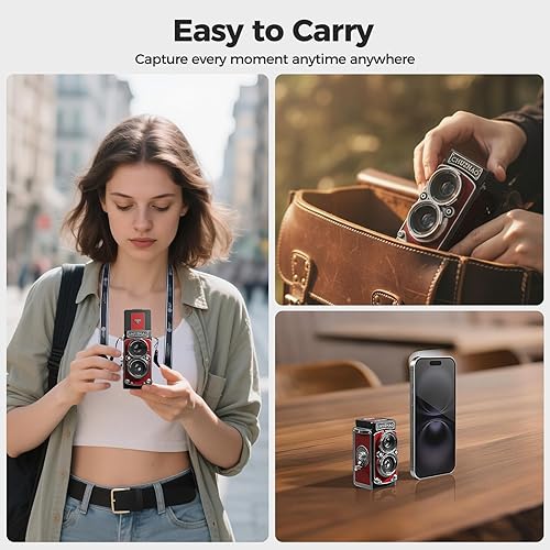 Miniatura 5 de CHUZHAO - Cámara digital retro con sello de tiempo, estilo TLR portátil vintage 1080p, video FHD de 12 MP, fotos de enfoque automático, mini cámara