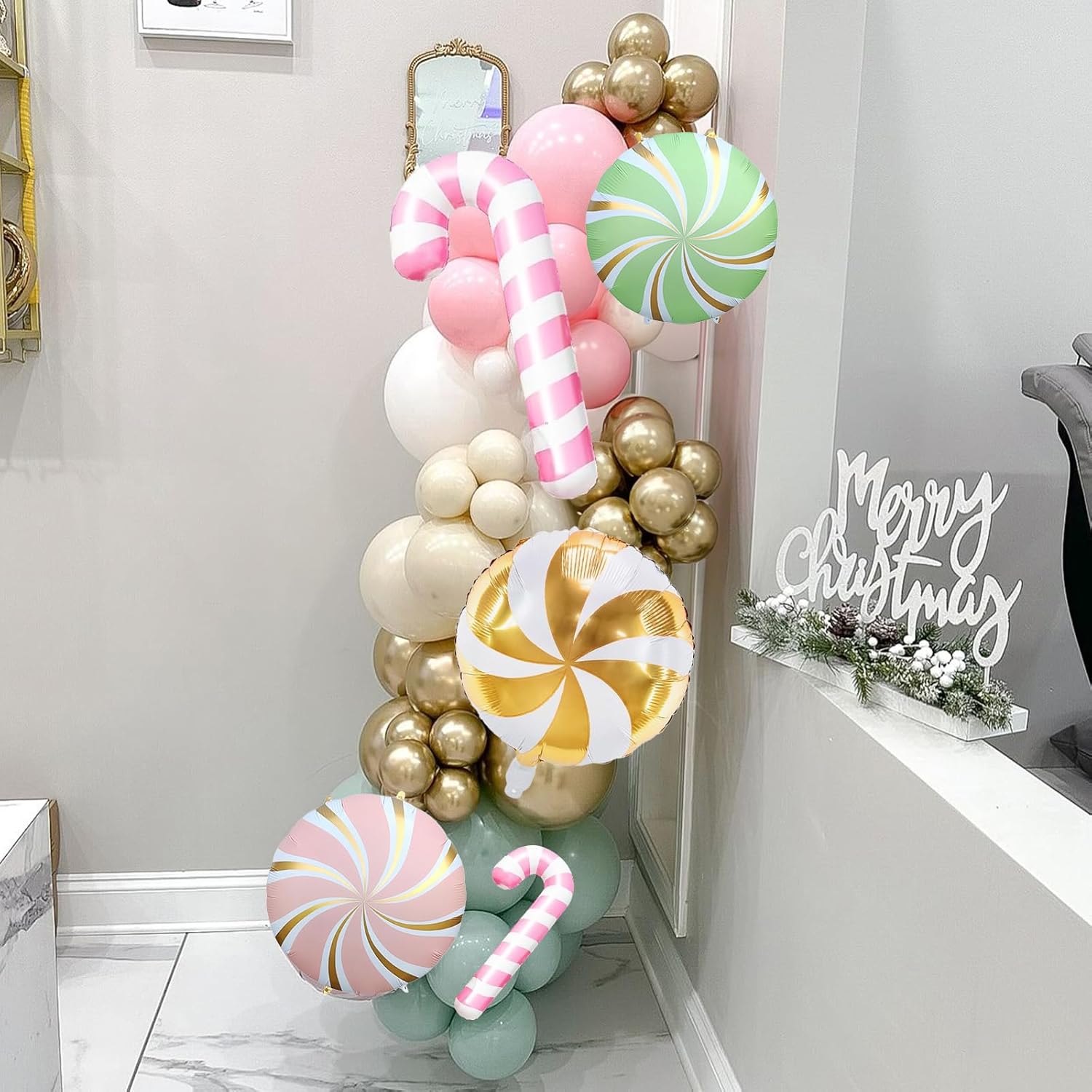 Christmas Balloons Garland Arch Kit, 125pcs Pastel Pink Green Balloon with Candy Cane Peppermint Foil Balloon for Christmas Theme New Year Xmas Holiday Birthday Party Decorations - Image 8