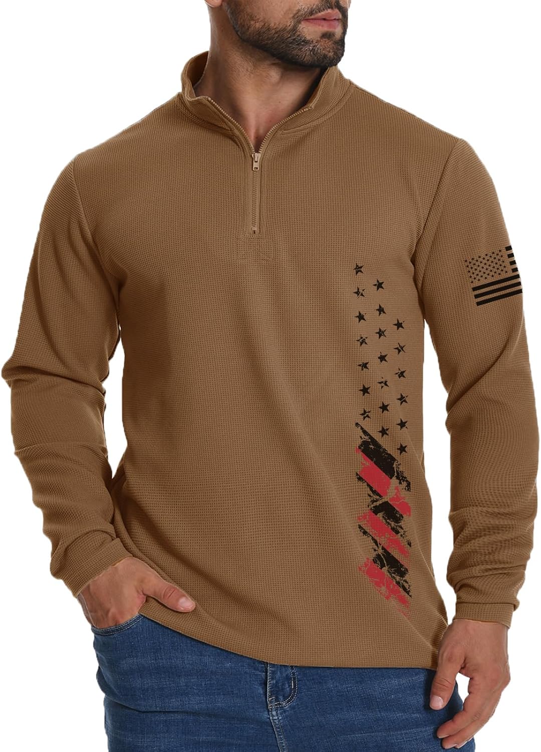 H HYFOL Mens Sweatshirt Waffle American Flag USA Patriotic Graphic Quarter Zip Stand Collar Casual Pullover