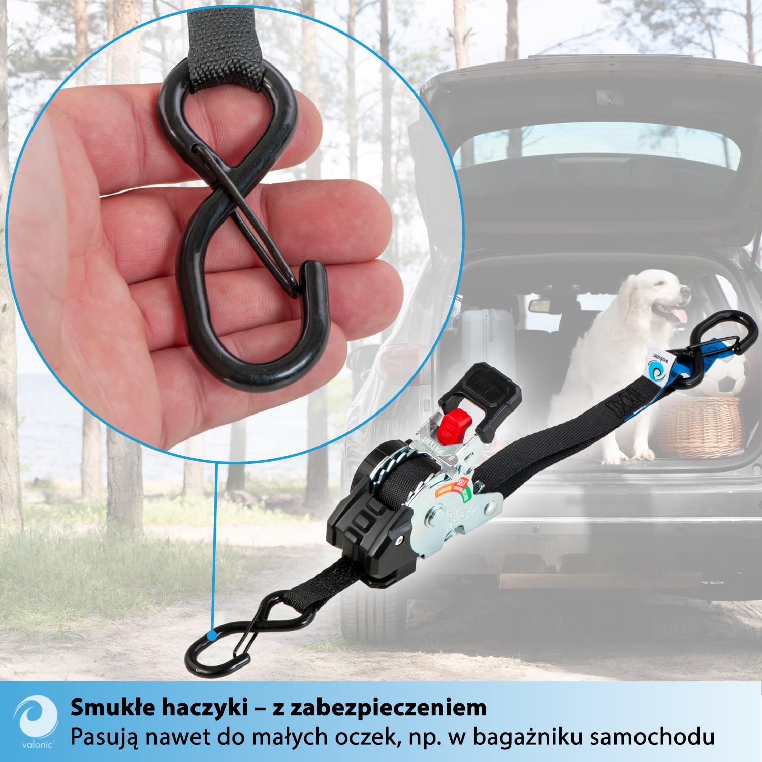 valonic CRETA 2 m, Mini automatyczne pasy mocujące, do codziennego użytku i transportu, zestaw 4 szt., 150 kg siła mocowania, 19 mm, mini, haki S z zabezpieczeniem
