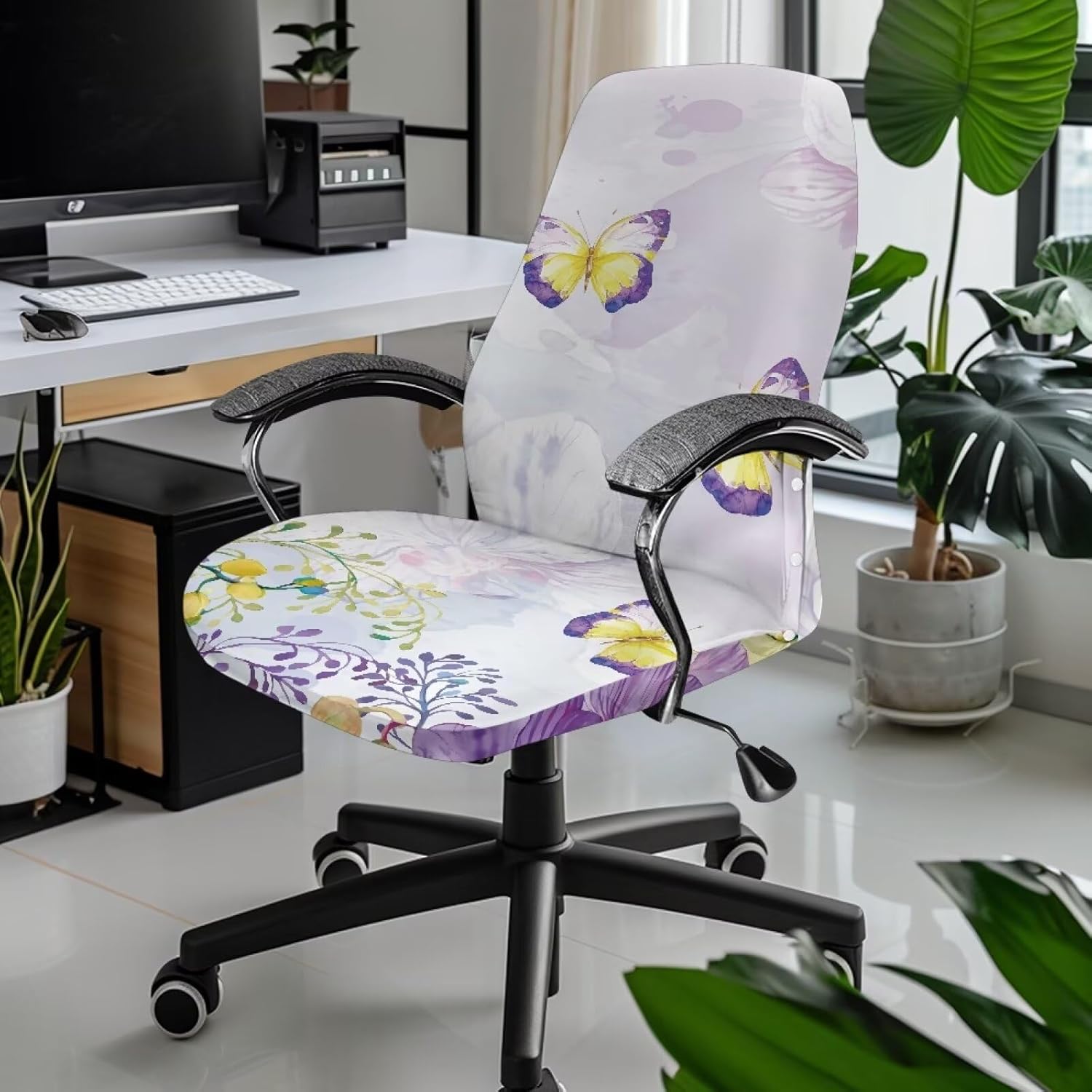 Butterfly Floral Office Chair Cover Water Resistant Dining Chair Cover with Elastic Edge Soft Desk Computer Chair Slipcover for Armchair or Armless Chair Slip Cover-L