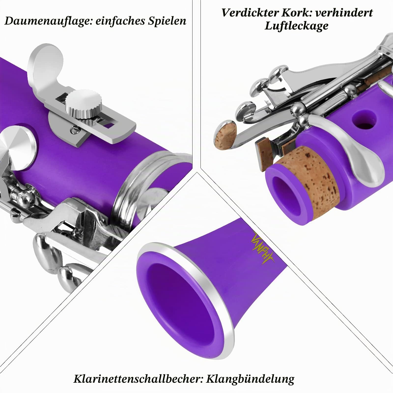 Bb-Klarinette für Anfänger und Studenten - Flache B-Klarinette mit 17 Schlüsseln, Stützgurt, 2 Fässern, 8 Mundstücken, Stoßdämpfer und weißen Handschuhen (Lila)