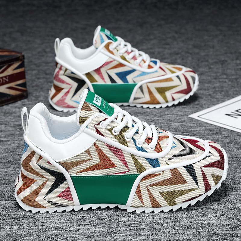 Multicolor Geometric Print Sneakers - White Sole with Green Accents, Breathable Mesh Upper Design for Casual Style4
