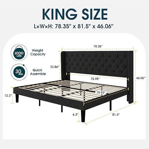 Miniatura 17 de WEEWAY Base de cama tapizada tamaño Queen con cabecera copetuda con respaldo de alas, plataforma moderna con soporte de listones de madera, fácil
