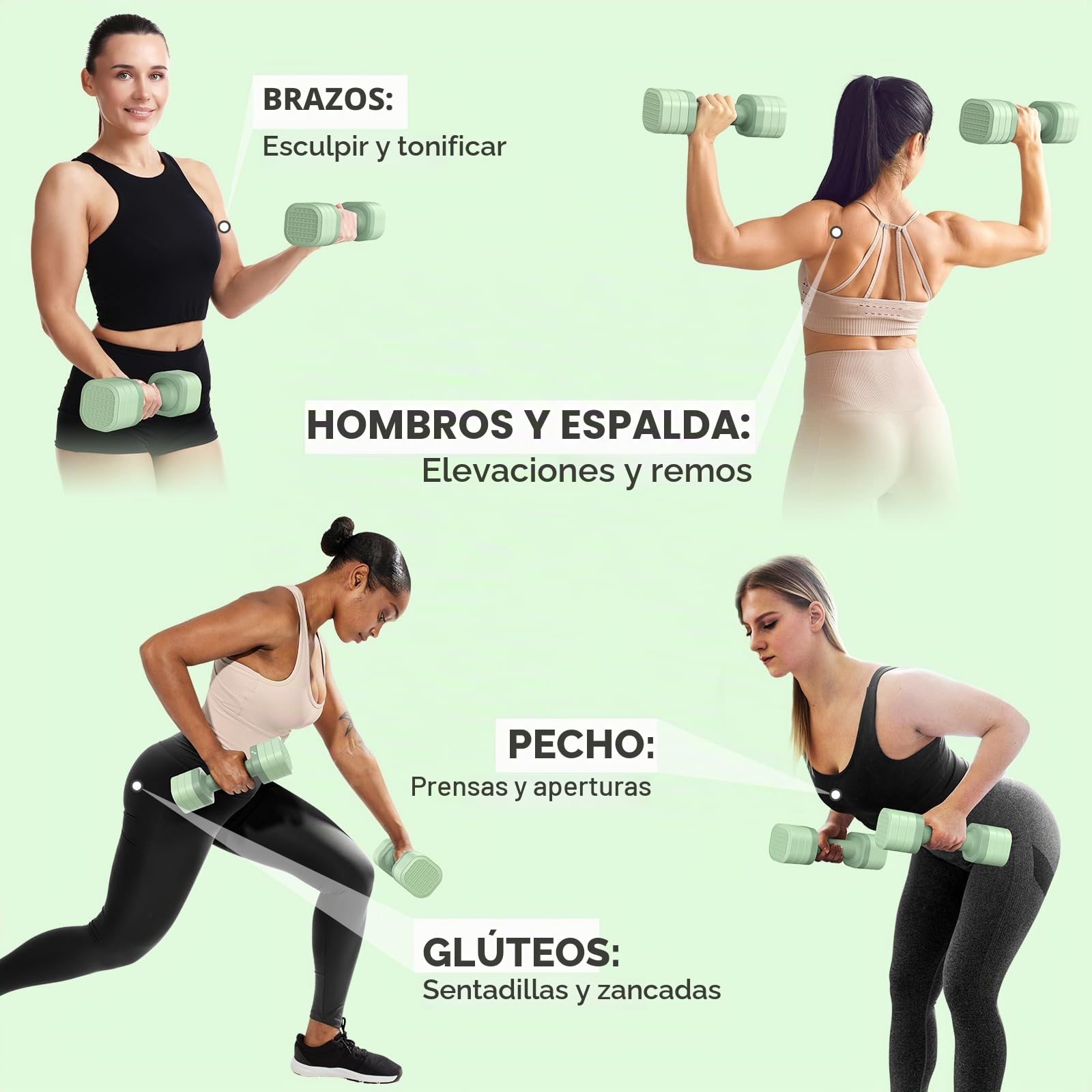 Sportneer Juego de mancuernas ajustables para mujer, par de mancuernas de 0.9 a 2.3 kg, juego de mancuernas 4 en 1, pesas compactas para mujeres, gimnasio en casa, entrenamiento de fitness (verde)