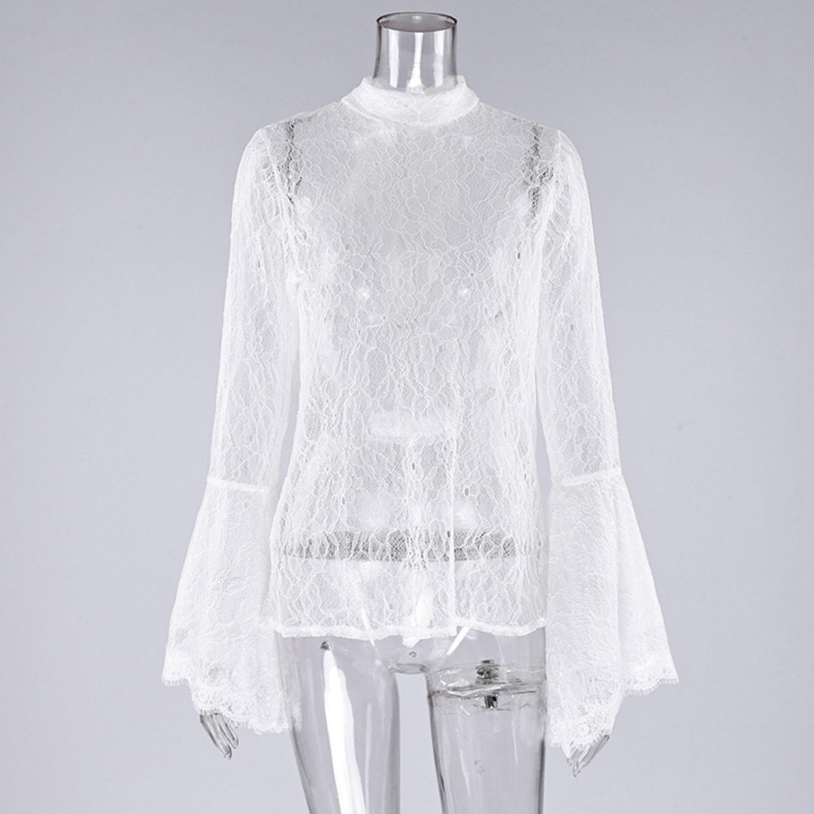 Camicia Da Donna Sexy in Pizzo Trasparente Floreale Svasato A Maniche Lunghe Alla Moda Girocollo Morbida Ed Elegante Camicia Con Volant
