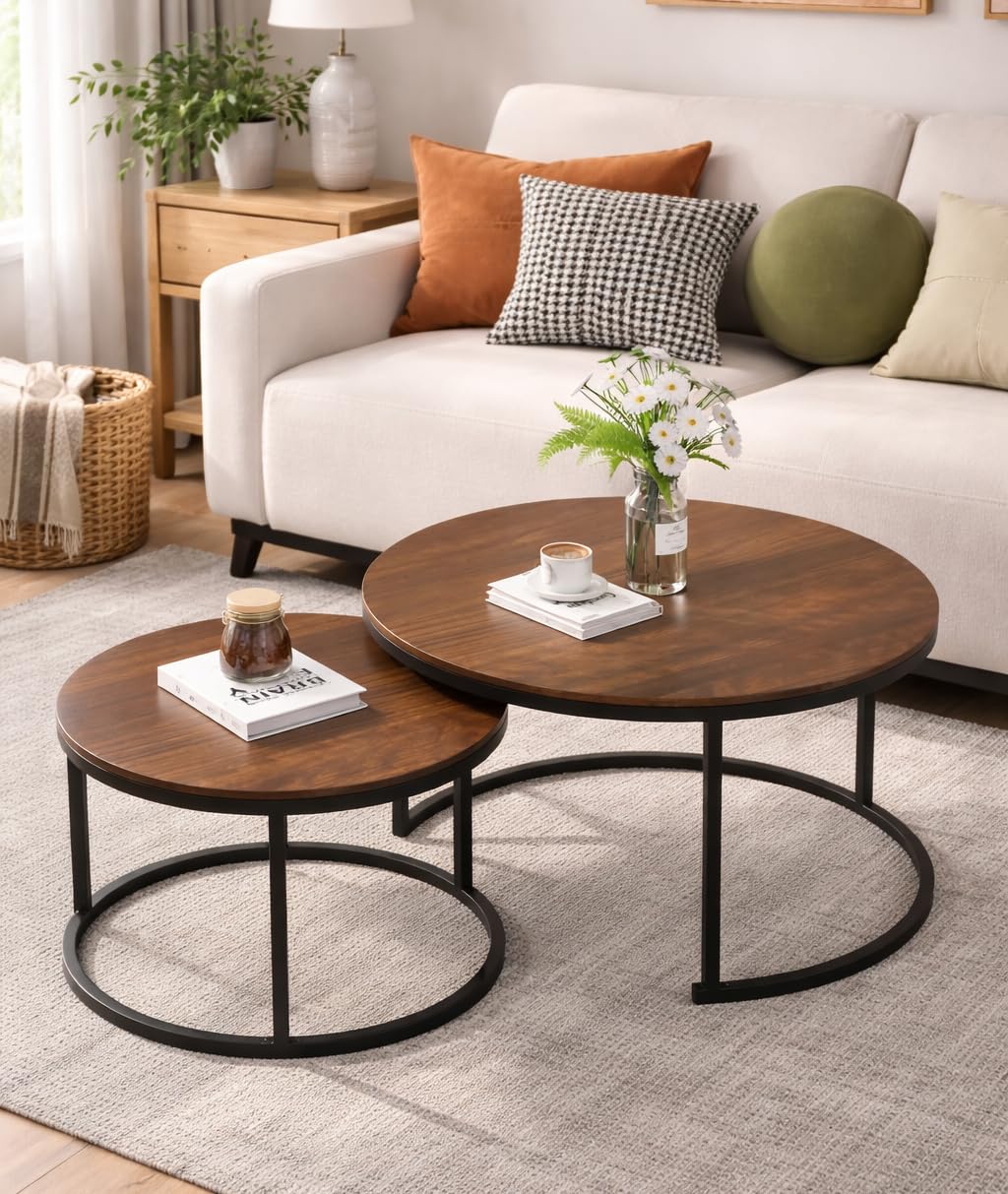 Device Bas with BROWN ART SHOPPEE Home Décor Furniture Round Side Coffee Table Sets,2 Piece Mdf Top Couch Table,Stacking Nesting Table With Iron Frame For Living Room Living Room Or Lounge (Brown)-picture-30