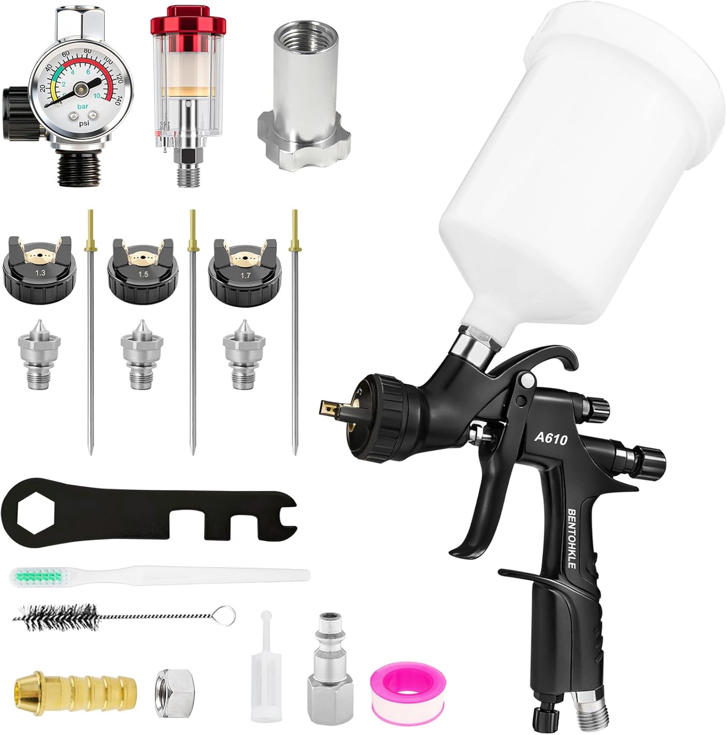 R500 LVLP Air Spray Gun with 1.3/1.5/1.7mm Nozzles & Air Regulator, A610 Paint Guns Automotive Premium Kit LVLP Paint Gun Sprayer for Cars, House Painting, Clear&Top Coat