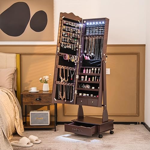 Miniatura 2 de LDAILY Armario de joyería de pie con 6 LED organizador de joyas con bloqueo con ángulo ajustable de 3 posiciones 4 ruedas y cajones espejo de piso