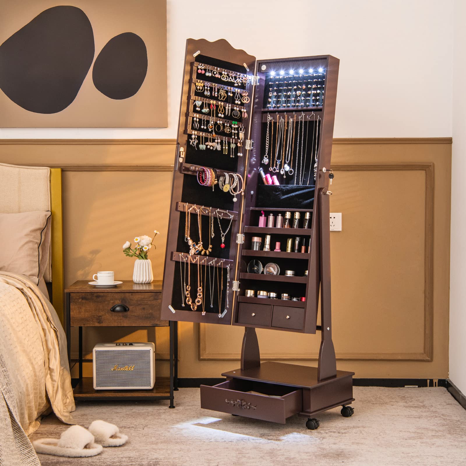 COSTWAY Armario para joyas con espejo, armario con espejo LED con cajón, organizador de joyas con cerradura, sobre ruedas, ideal para almacenamiento y maquillaje