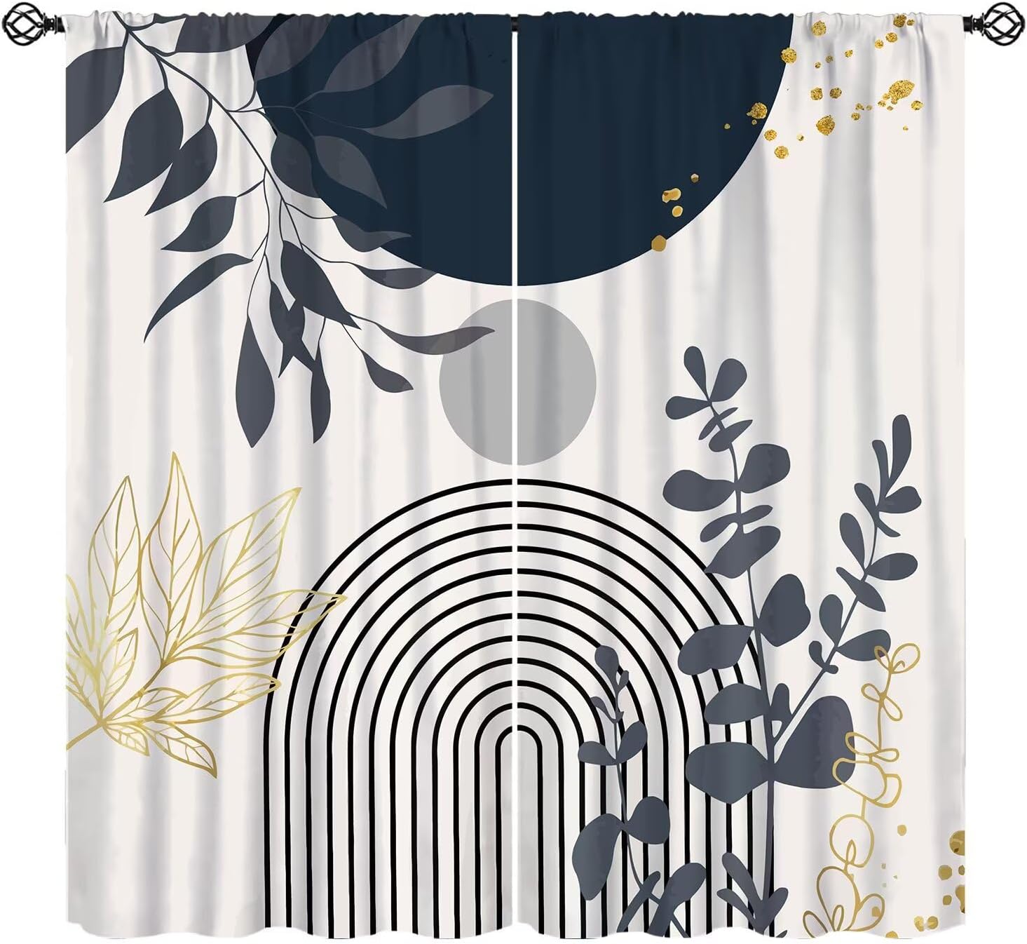 Boho Navy Blue Mid Century Curtain Modern Abstract Gold Leaves Window Treatments for Kitchen Bedroom Living Minimalist Geometric Tropical Neutral Arch Sun Drapes W55xL63in