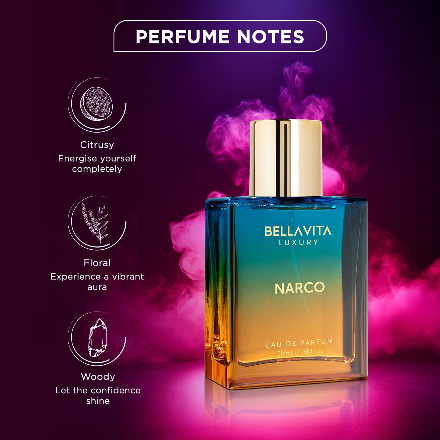 BELLAVITA Luxury NARCO Unisex Perfume for Women and Men | Notes of Bergamot, Jasmine and White Musk | Long-Lasting Luxury Perfume Oils | French Parfum for Women & Men, 100 ML - Image 2