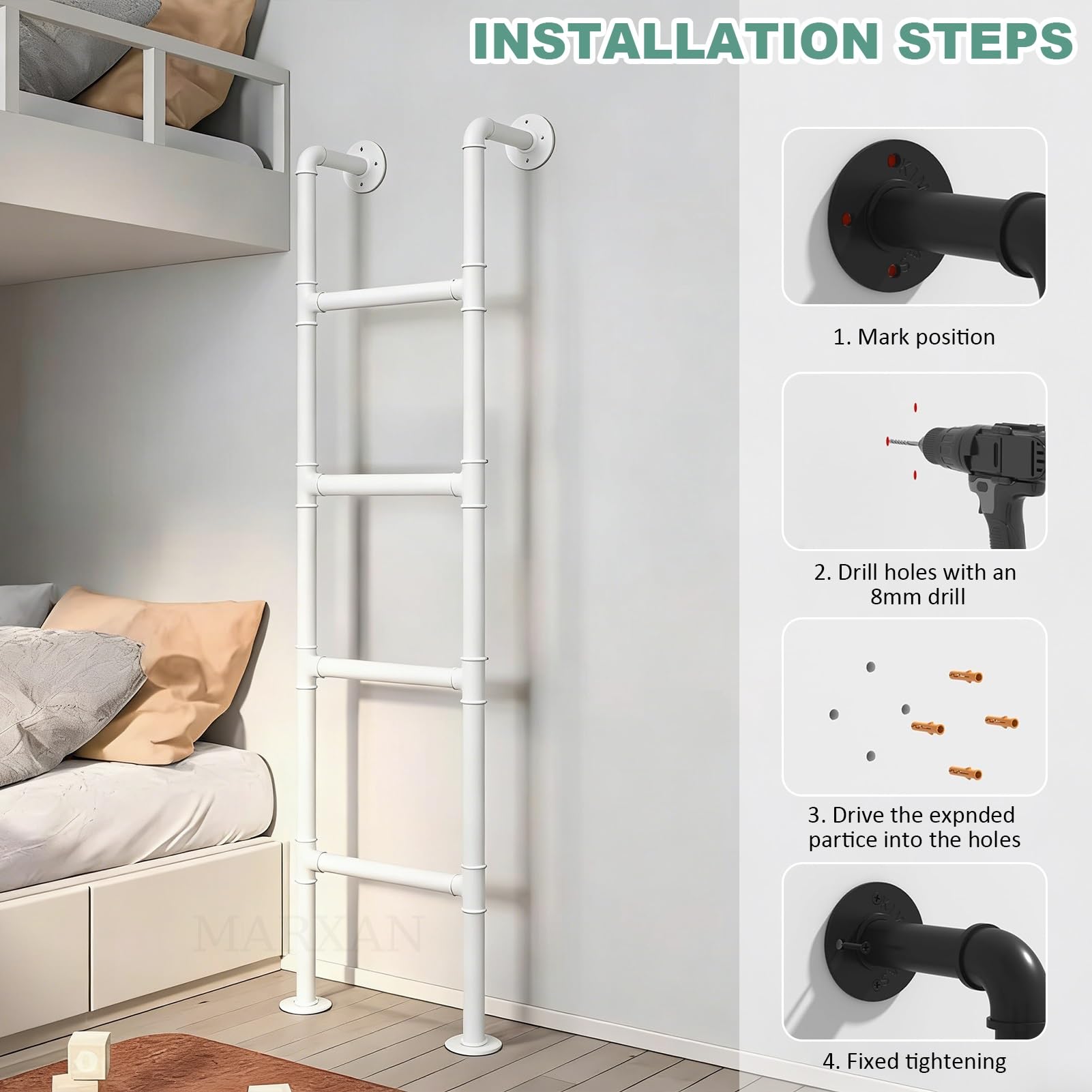 Scala di Uscita di Emergenza Resistente per Casa/Letto a Castello, Scala da Soppalco da Terra in Ferro battuto Bianco con Accessori di Montaggio, Dimensioni Personalizzabili(120cm/47in)