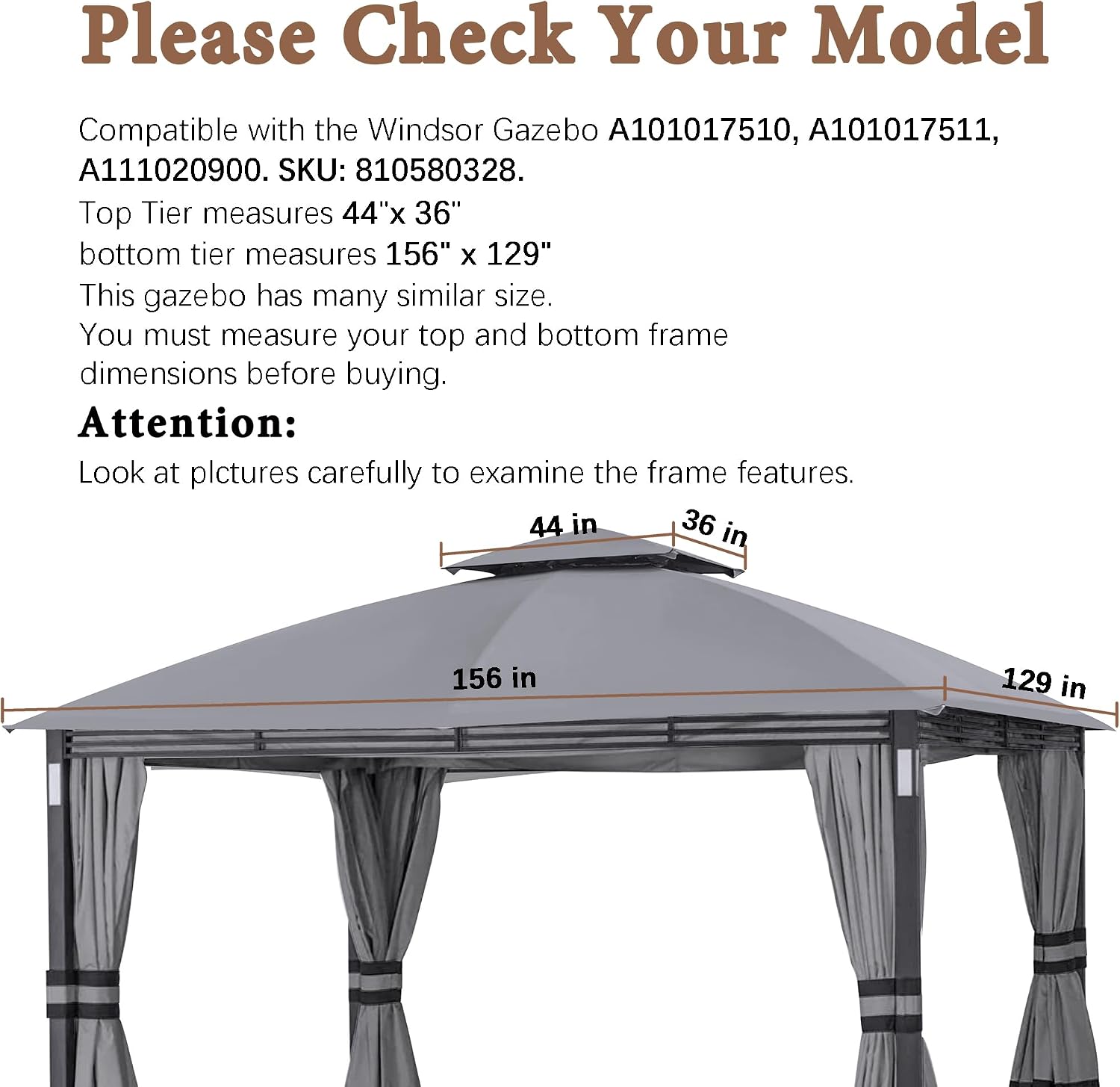 SCOCANOPY Replacement Cover Compatible with Crestfield 11X13 Gazebo (Models A101017510, A101017511, A111020900), (Gray)