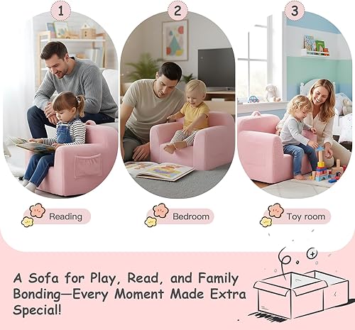 Miniatura 4 de Tiita Sofá para niños, sofá Chirldren con asa de transporte y bolsillos laterales, silla de espuma para niños, silla con reposabrazos para niños,