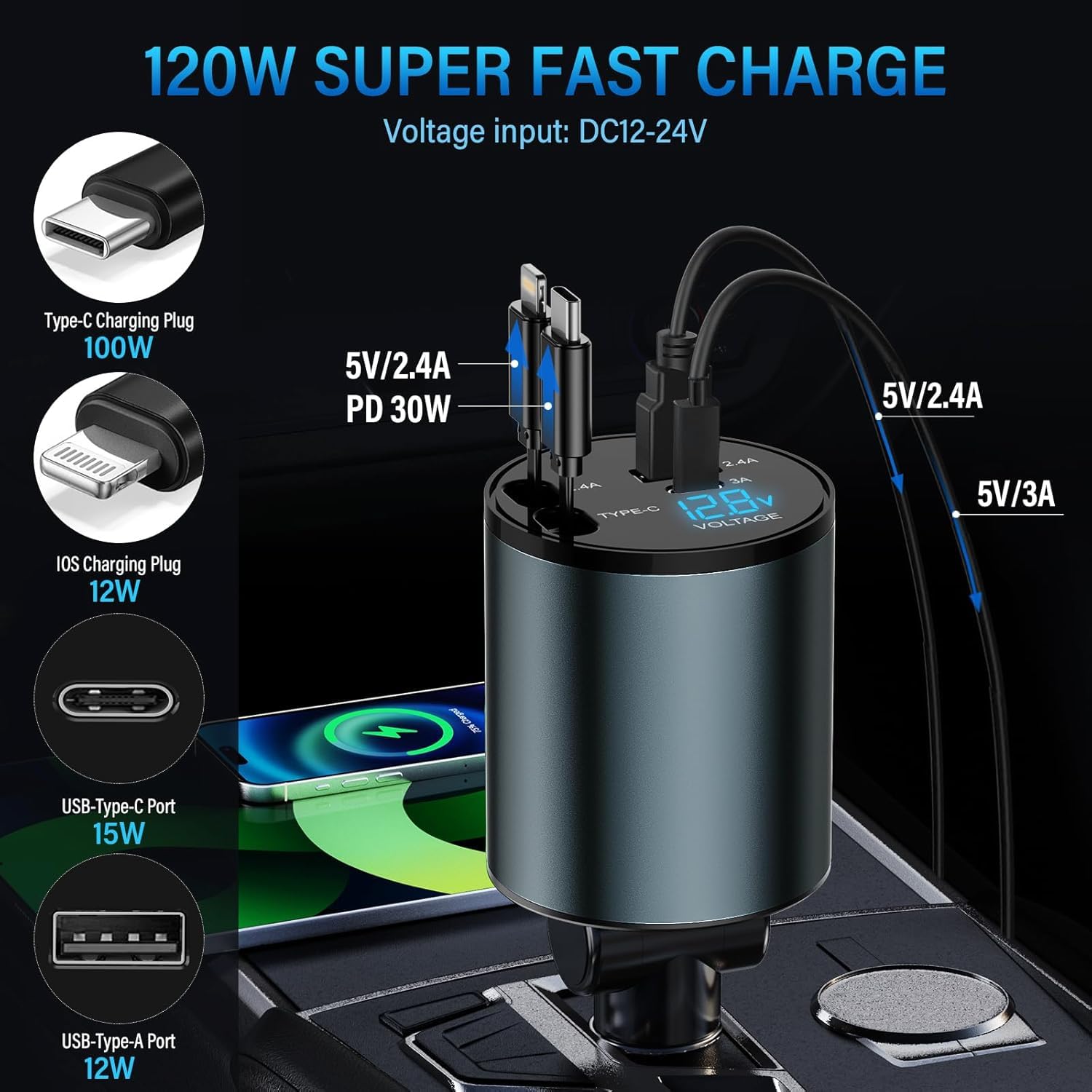 Caricabatteria da auto per accendisigari USB C 4 in 1 56W - Caricabatterie per auto con 2 cavi retraibili (Tipo C, Lightning), adattatore USB per accendisigari con visualizzazione tensione, rotazione