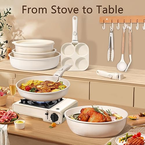 Miniatura 7 de GiPP Juego de ollas y sartenes de cerámica antiadherentes, antiadherentes con mango desmontable, saludable y no tóxico, sin PFAS PFOA y PTFE, apto