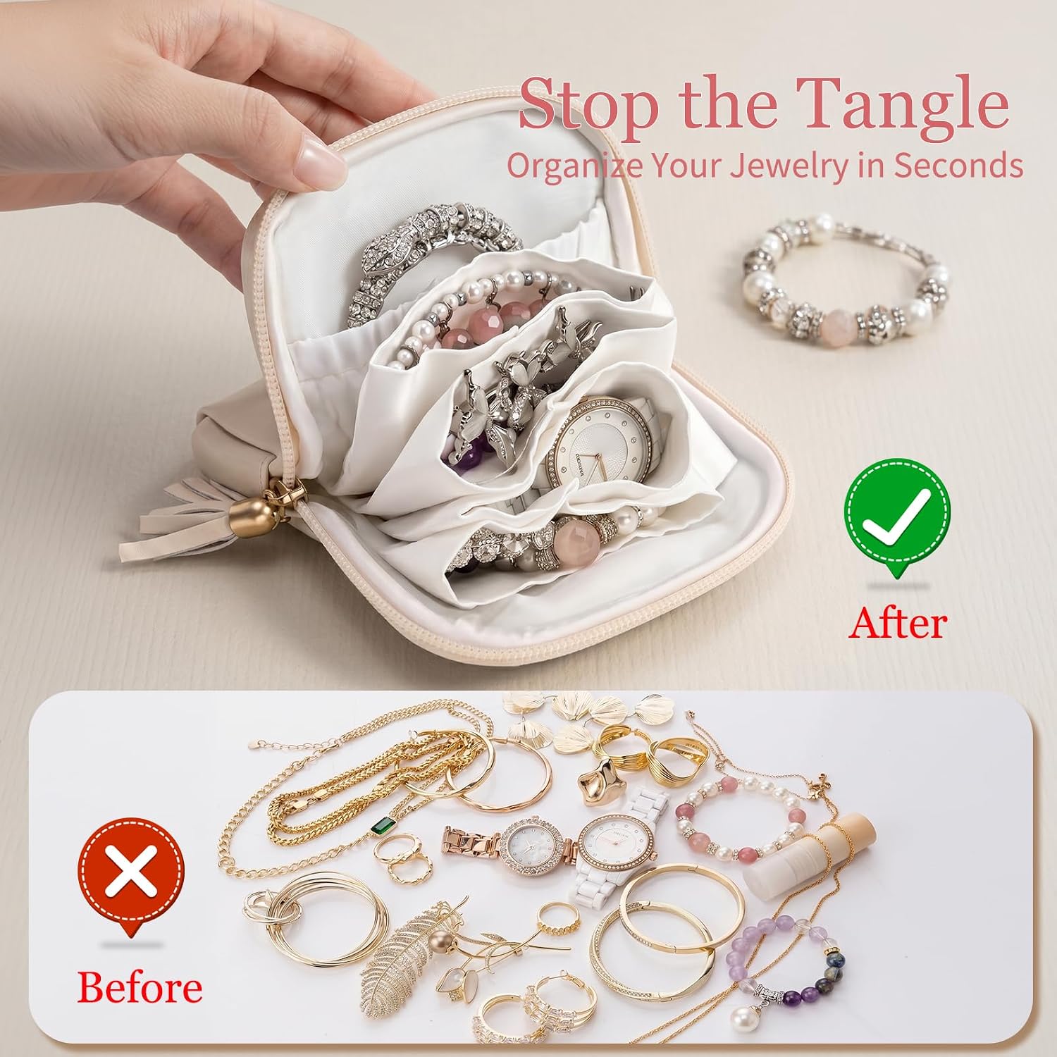 Airkit Travel Jewelry Organizer PU Leather Travel Jewelry Case Small Zipper Pouch for for Bracelet Rings Earring (Cream White)